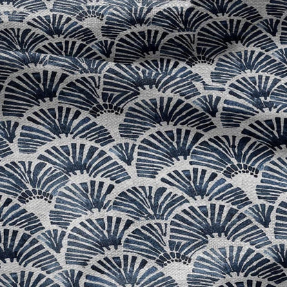 100% LINEN Fabric Block print blue fan - oatmeal linen fabric with japanese print - heavy for home decor clothing 2363