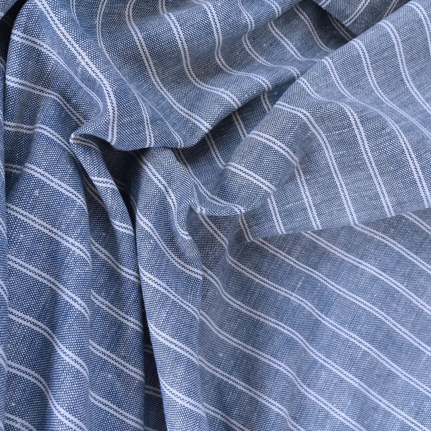 100% linen fabric 200gsm Striped white - blue. Medium weight, dense. For dresses, blouses, trousers, skirts