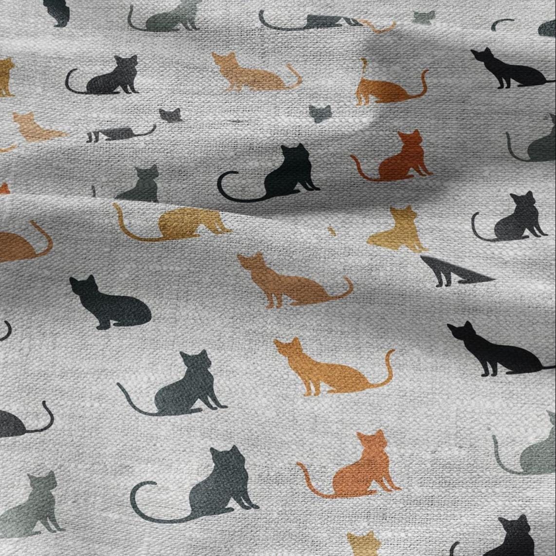 100% LINEN Fabric Block print Cats - oatmeal linen fabric with animal print - heavy for home decor clothing 2136