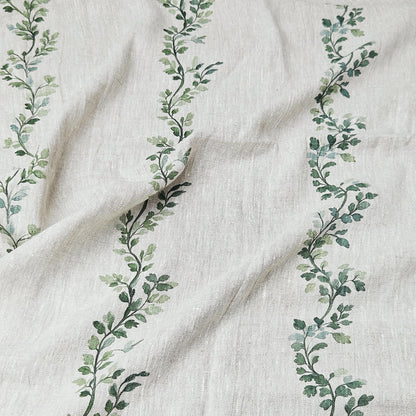 100% LINEN Fabric Striped floral print - block print green leaves on oatmeal linen for upholstery curtains dress making 2668