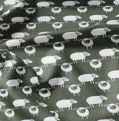 100% LINEN Fabric Sheep green white - white graphic fabric print - Scandinavian linen Modern Nursery fabric