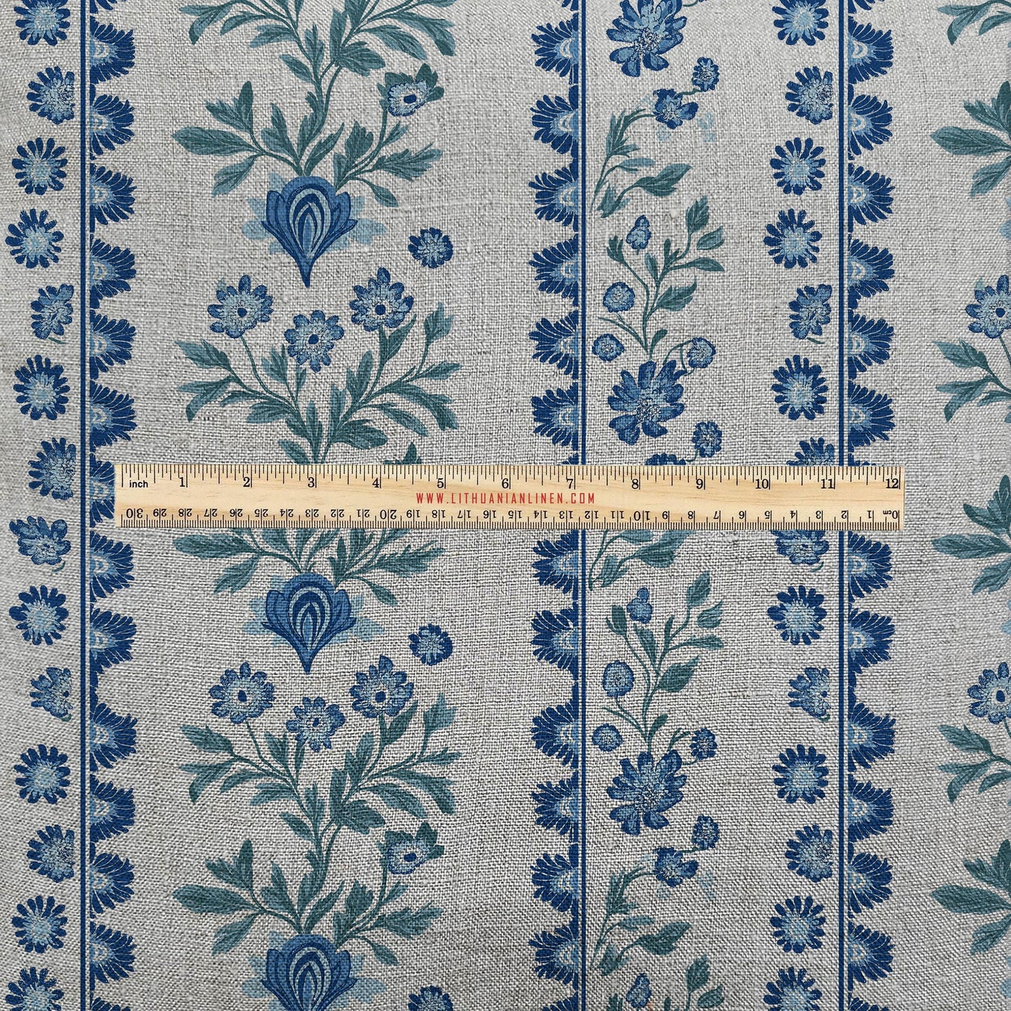 100% LINEN Fabric UPHOLSTERY 12oz -  Blue green stripe on natural taupe grey linen - Modern vintage Grandmillenial floral upholstery 2153