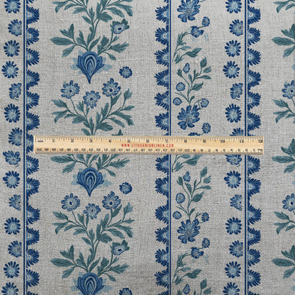100% LINEN Fabric UPHOLSTERY 12oz -  Blue green stripe on natural taupe grey linen - Modern vintage Grandmillenial floral upholstery 2153
