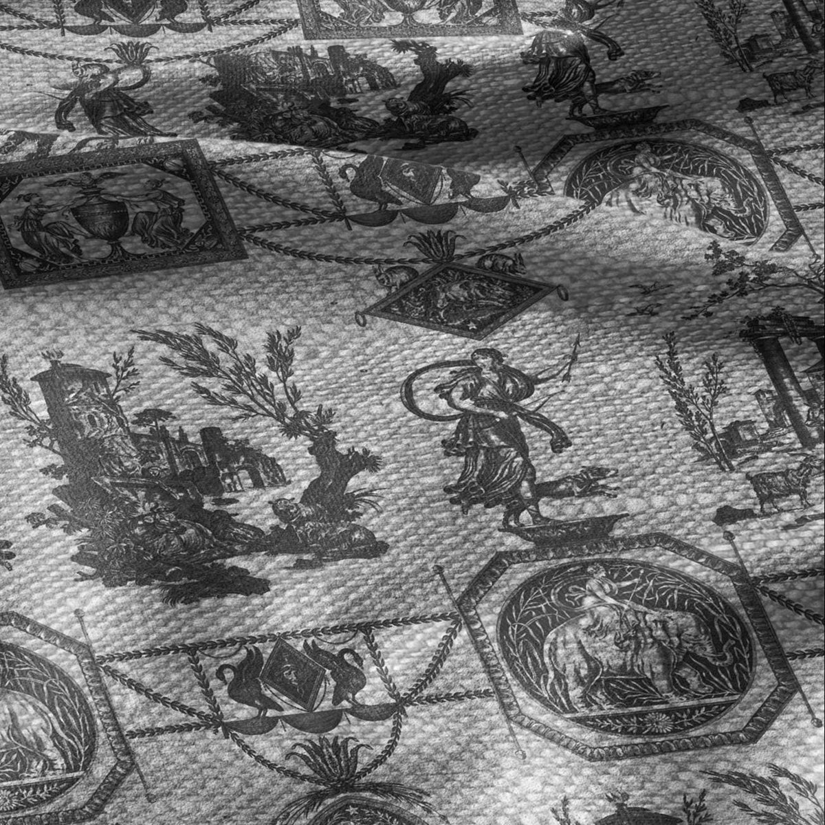 100% LINEN Fabric french blakc print oatmeal - Goddess Diana with Lion - toile de jouy - Diane chasseresse by Jean-Baptiste Huet 3420