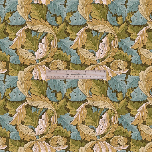 100% LINEN Fabric UPHOLSTERY 12oz - William Morris Acanthus print on linen - Victorian art craft - brown blue leaves floral upholstery 2554