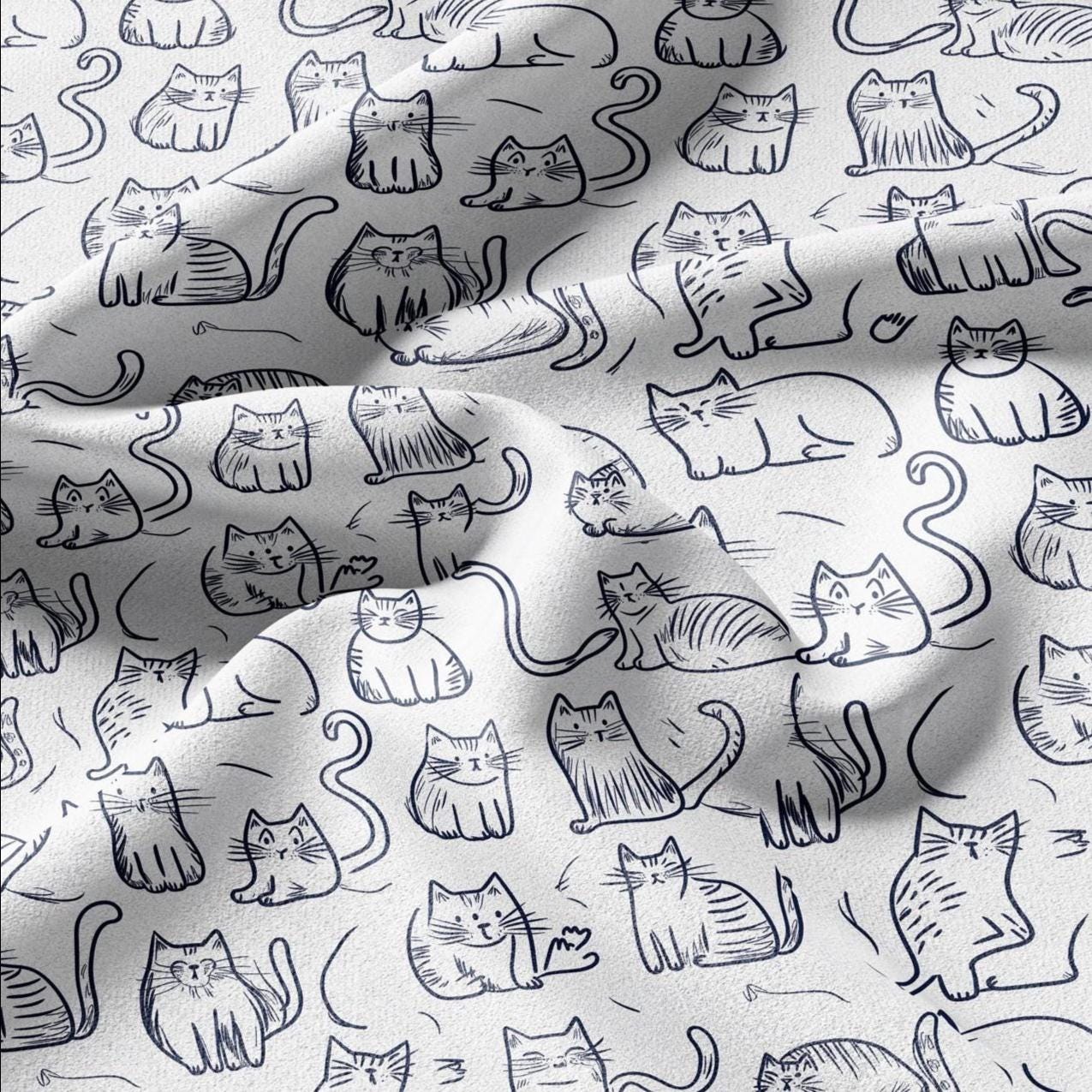 100% LINEN Fabric Cat print - Animal Modern vintage blue - upholstery curtains dress making 2140