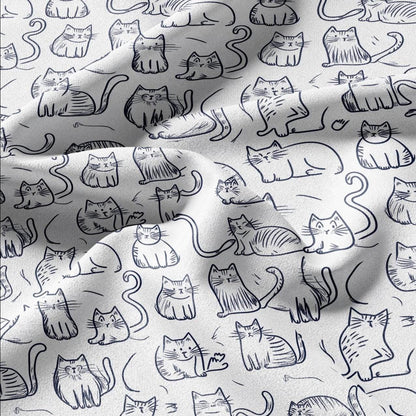 100% LINEN Fabric Cat print - Animal Modern vintage blue - upholstery curtains dress making 2140
