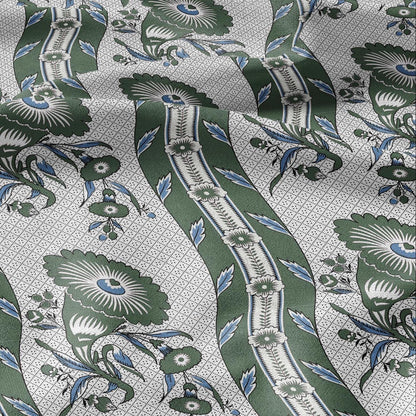 100% LINEN Fabric Vintage floral squilr stripe print - Modern botanical - Victorian Art Craft yellow green 3166