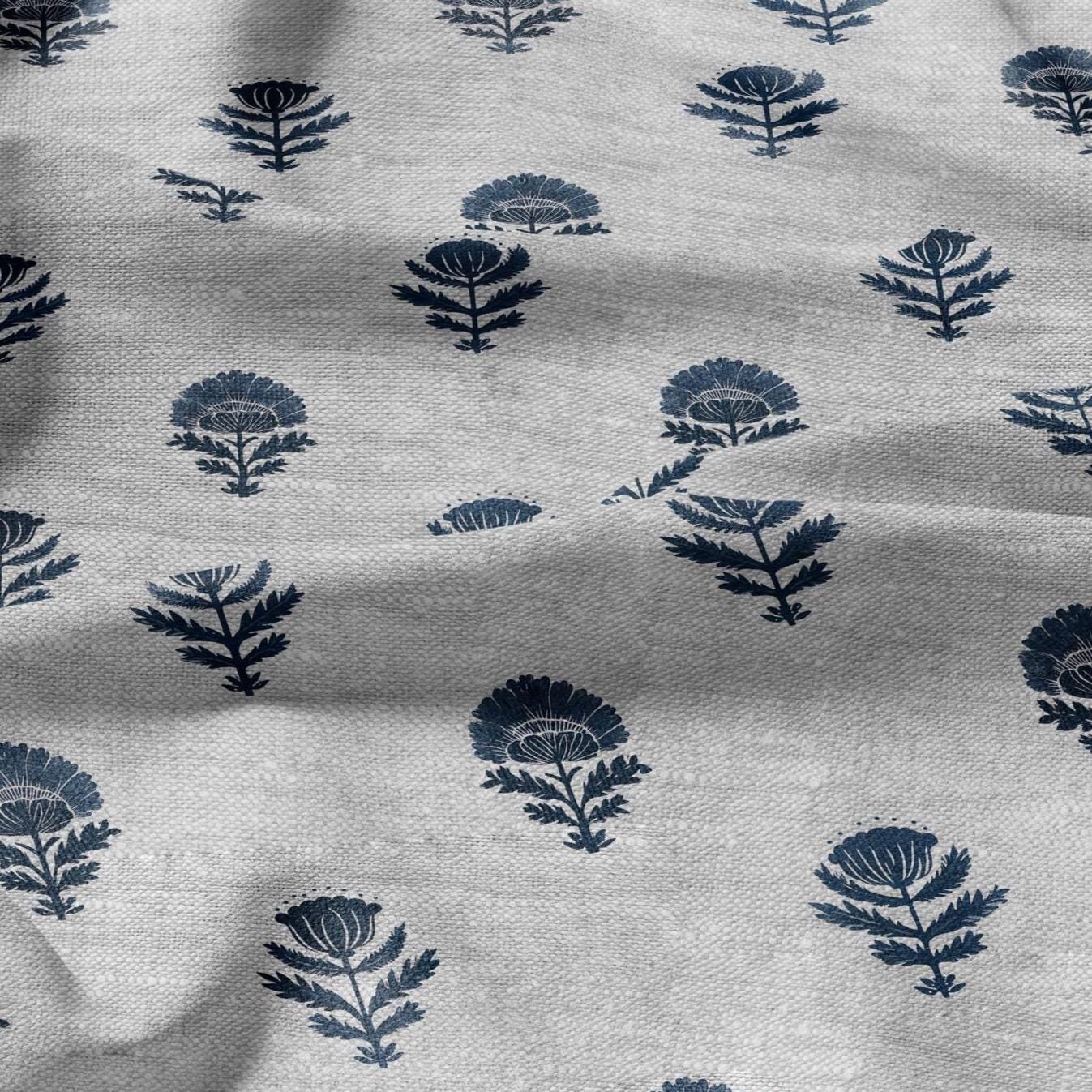 100% LINEN Fabric blue flower -  indian floral block print on oatmeal linen for home decor sewing dress clothing 2916