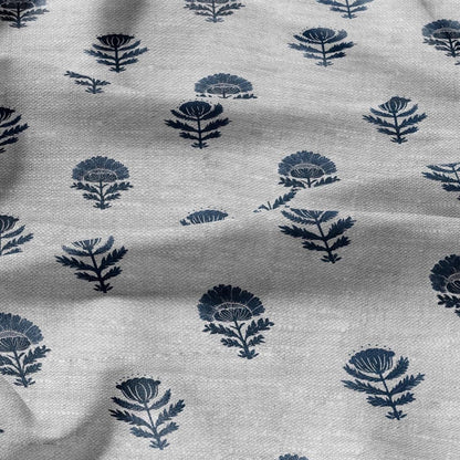 100% LINEN Fabric blue flower -  indian floral block print on oatmeal linen for home decor sewing dress clothing 2916