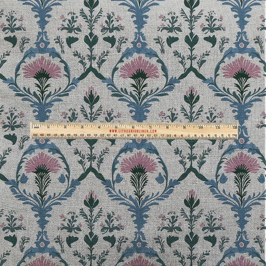 100% LINEN Fabric UPHOLSTERY 12oz - Preppy pink blue green on natural taupe grey linen - Modern vintage floral upholstery 2254