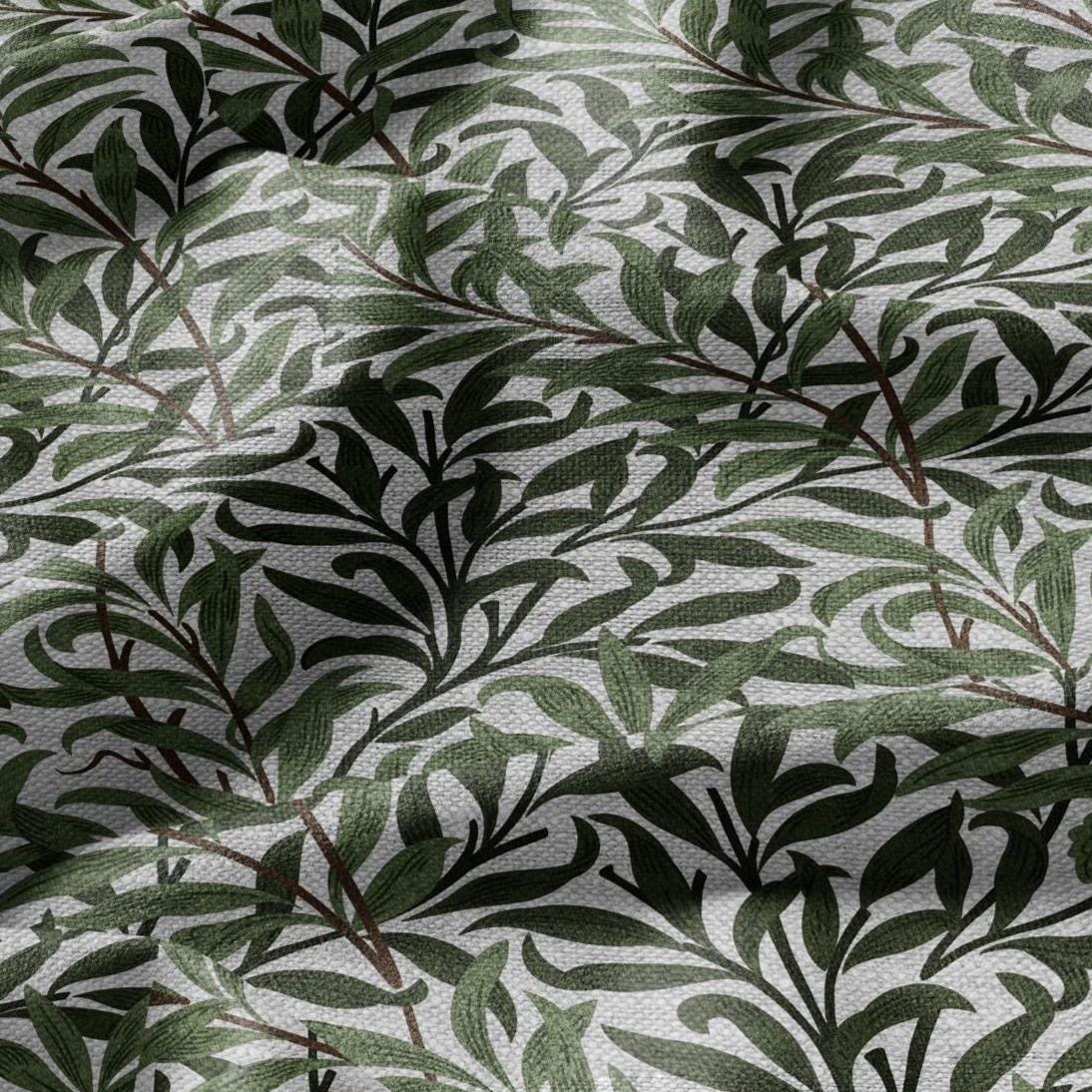100% LINEN Fabric William Morris Bough Willow gray - oatmeal natur linen fabric with botanical print - Victorian Art Craft Historical 3182