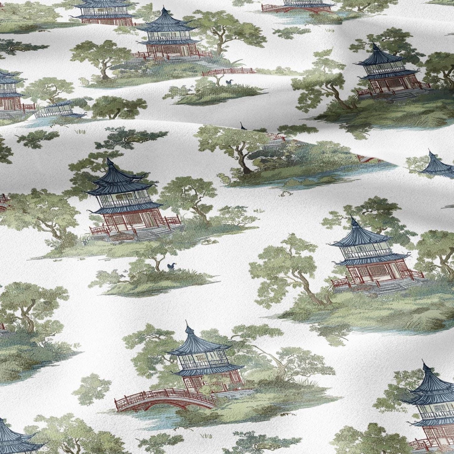100% LINEN Fabric oriental print with pagoda - linen fabric with botanical print -  heavy linen fabric for upholstery home decor 2876