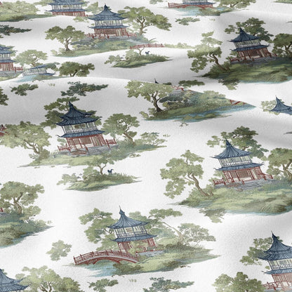100% LINEN Fabric oriental print with pagoda - linen fabric with botanical print -  heavy linen fabric for upholstery home decor 2876