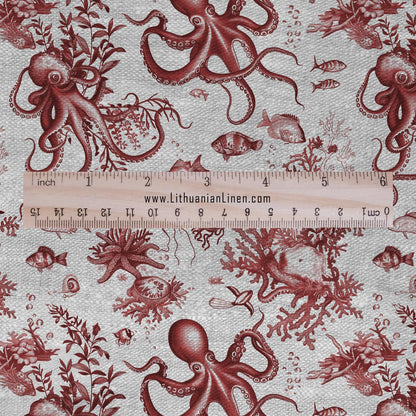 100% LINEN Fabric toile de jouy OCTOPUS Nautical print - red on oatmeal linen - coastal print for upholstery home decor clothing 306S