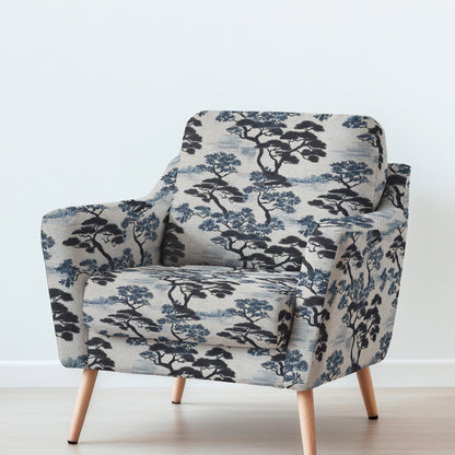 100% LINEN Fabric UPHOLSTERY 12oz - Japanese indigo blue Pine tree print on oatmeal linen - Modern vintage Japandi floral upholstery 2971