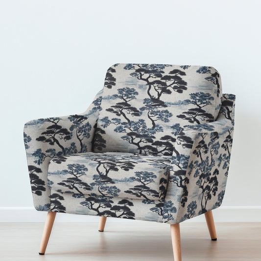 100% LINEN Fabric UPHOLSTERY 12oz - Japanese indigo blue Pine tree print on oatmeal linen - Modern vintage Japandi floral upholstery 2971