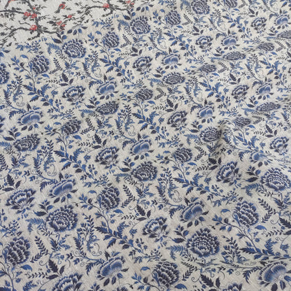 100% LINEN Fabric indigo blue on oatmeal natur linen, white botanical chinoiser fabric, French linen floral