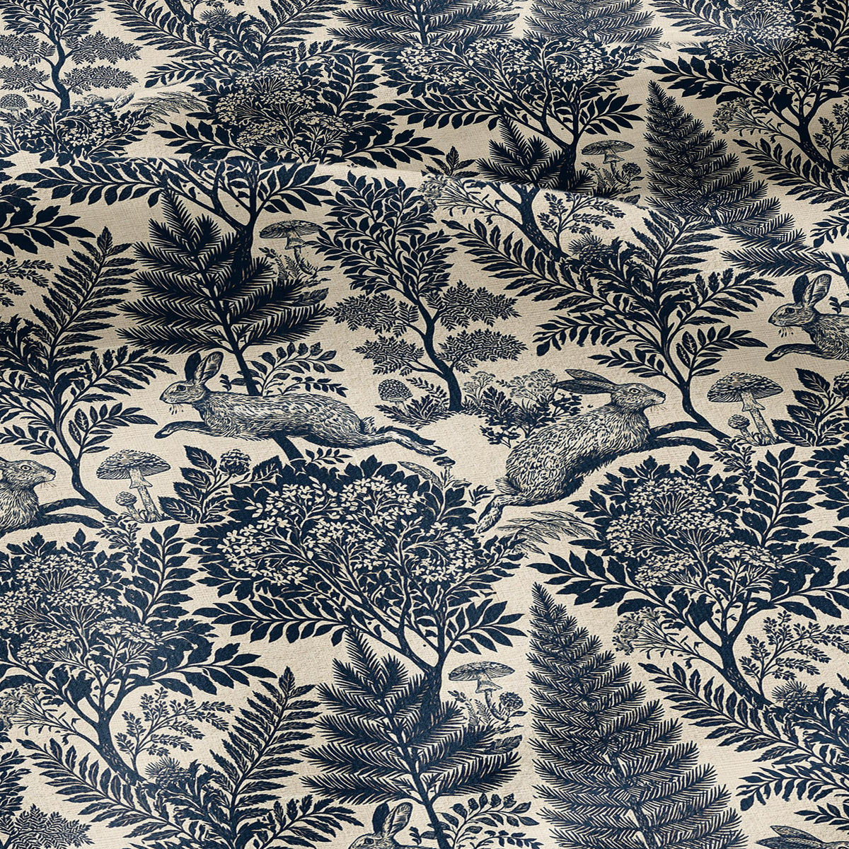 100% LINEN Fabric Woodland - Navy blue beige floral print with Rabbit bunny Neutral Fabric by the Yard by LithuanianLinen 3871