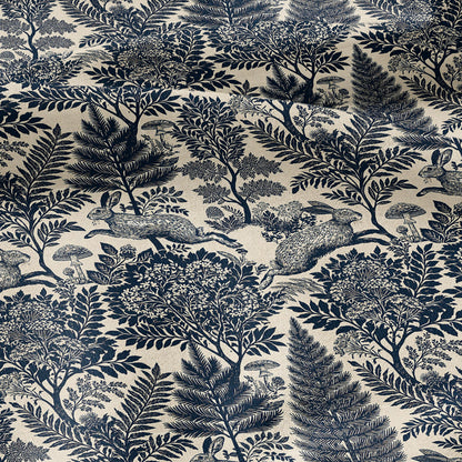 100% LINEN Fabric Woodland - Navy blue beige floral print with Rabbit bunny Neutral Fabric by the Yard by LithuanianLinen 3871