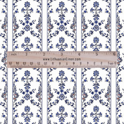100% LINEN Fabric stripe print blue indigo flower linen - floral fabric for upholstery home decor dress making 2390