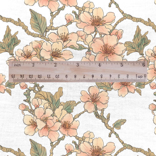 100% LINEN Fabric Pink cherry blossom print - Modern vintage floral botanical - heavy linen fabric for upholstery home decor 3037