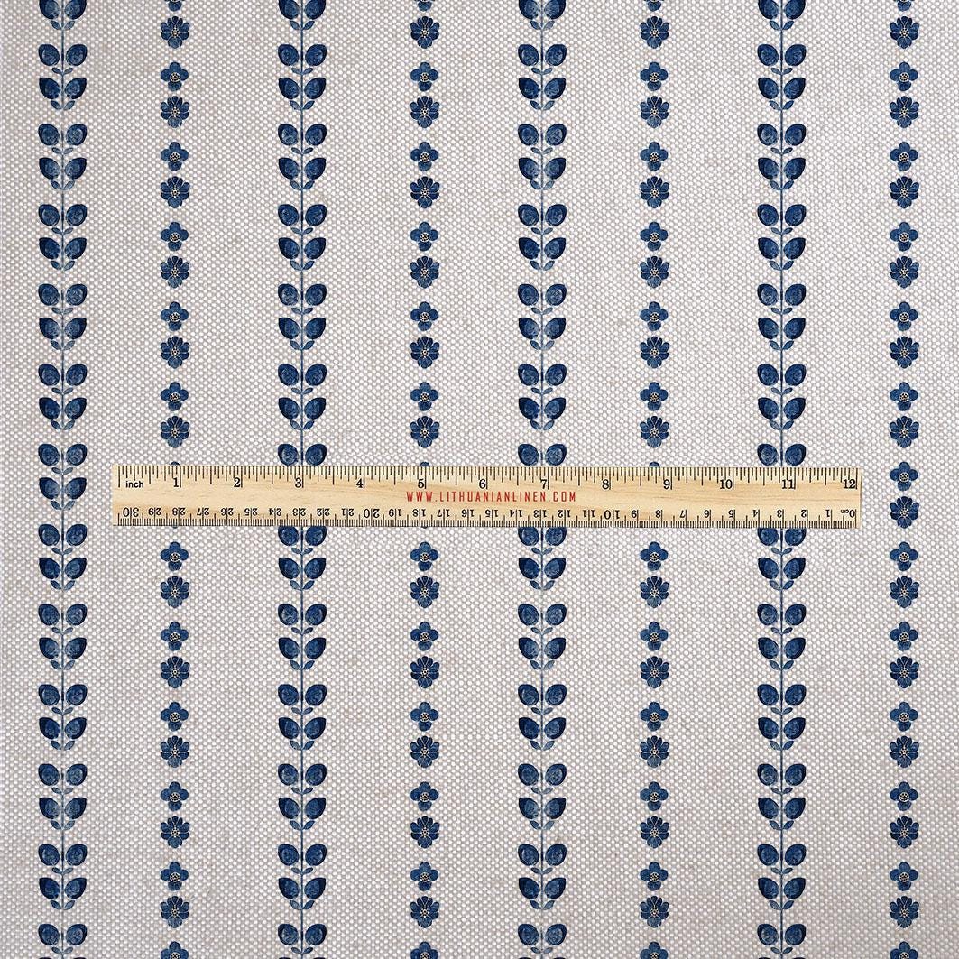 100% LINEN Fabric UPHOLSTERY 12oz - blue stripe block print - oatmeal linen fabric with floral print  - Modern Vintage upholstery 2699
