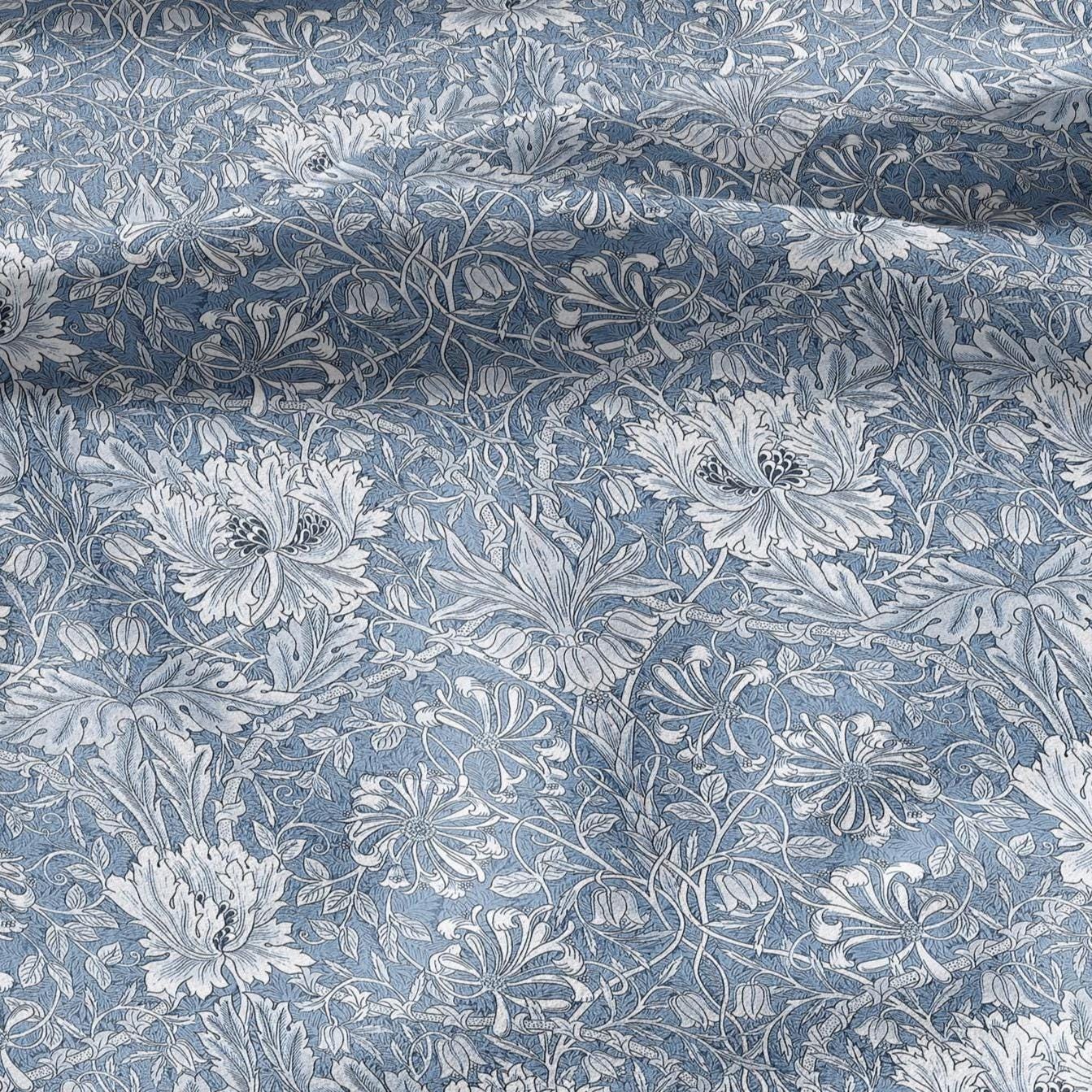 100% linen fabric William Morris Honeysuckle blue print - Victorian Art crafts - Historical pattern fabric upholstery dress making 3301