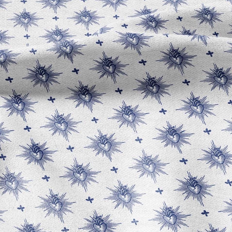 100% LINEN Fabric Sacred heart linen -blue white fabric for upholstery home decor dress making 3006