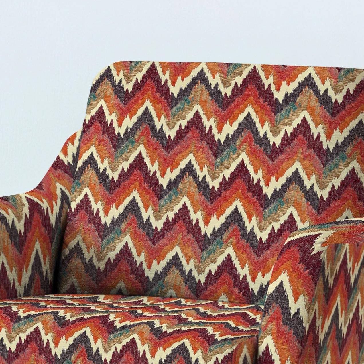 100% LINEN Fabric UPHOLSTERY 12oz - Red Zigzag ikat print on linen 2080