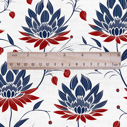 100% LINEN Fabric Block print Lotus blosoom - modern vintage botanical flower upholstery home textile artisan blue red white 2322
