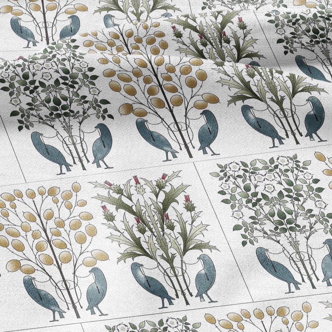 100% linen fabric CFA. Voysey The love birds print - Victorian Art crafts tree blossom - Historical pattern upholstery dress making 2993