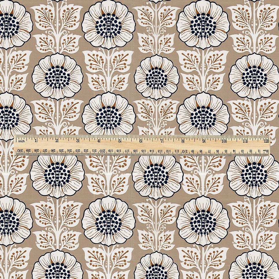 100% LINEN Fabric Beige flower block print - botanical textile artisan fabrics brown white 3808
