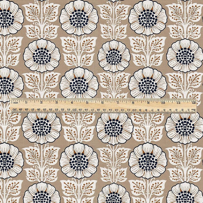 100% LINEN Fabric Beige flower block print - botanical textile artisan fabrics brown white 3808