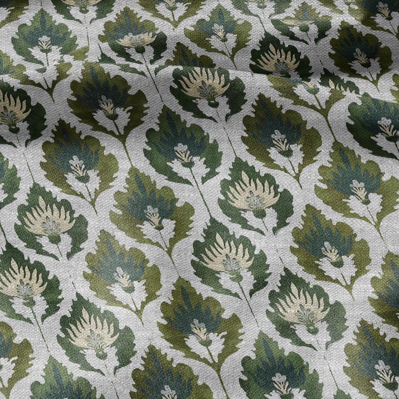 100% LINEN Fabric Floral Ikat green print -abstract floral on oatmeal linen 3128