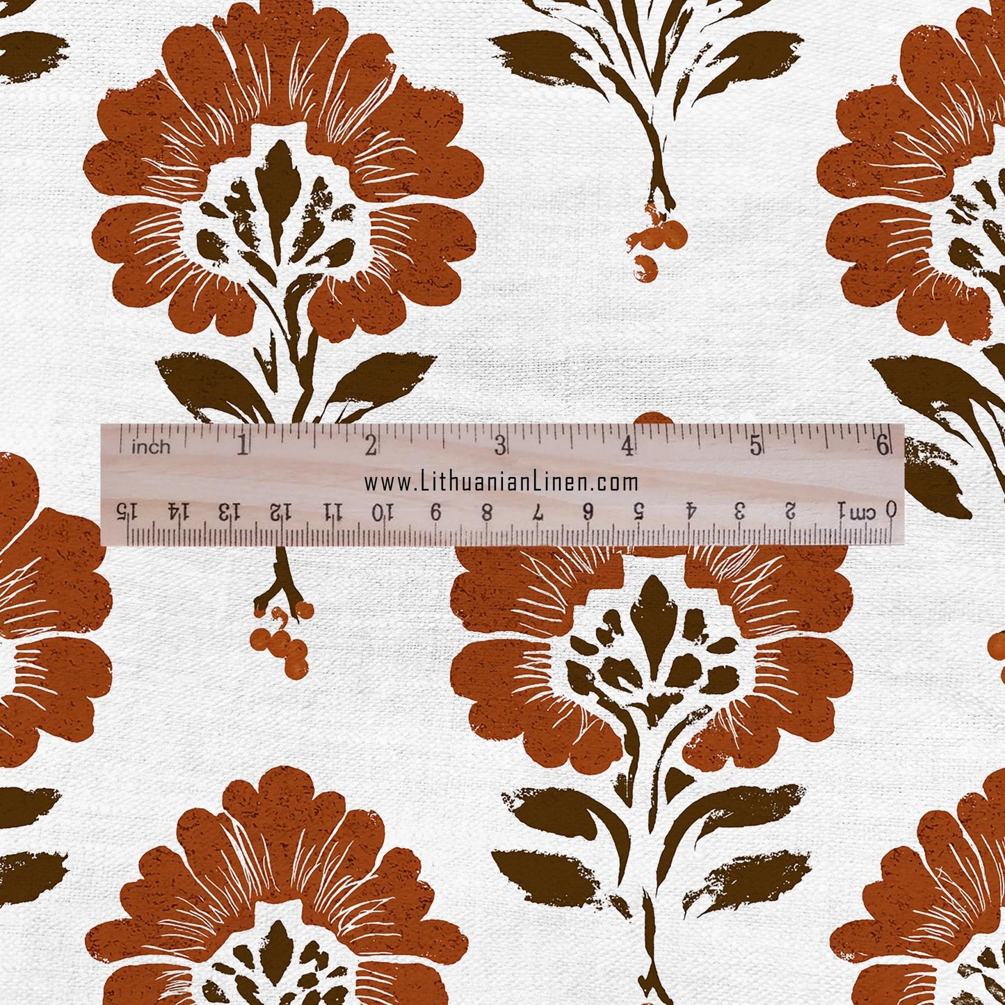 100% LINEN Fabric floral print - brown white flower block print linen heavy for upholstery home decor - medium for dress making 2827