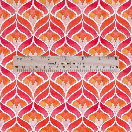 100% LINEN Fabric Geometric pink floral print - mid-century modern on oatmeal linen for upholstery curtains dress making 2655