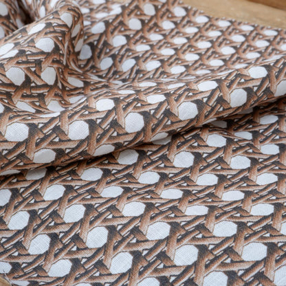 100% LINEN Fabric brown bamboo trellis - botanical textile artisan fabrics blue white 3686