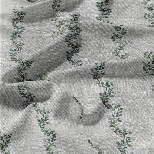 100% LINEN Fabric greenery  stripe print - oatmeal neutral fabric with green print - linen fabric upholstery home decor dressmaking 2709
