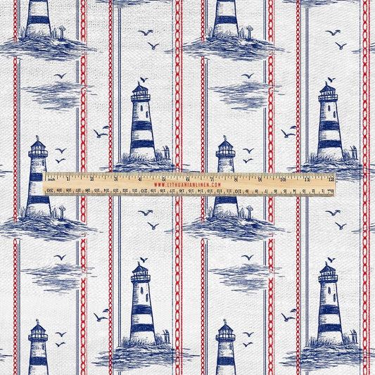 100% LINEN Fabric UPHOLSTERY 12oz - Lighthouse print on linen - Modern vintage pattern marine blue red stripe coastal 2777