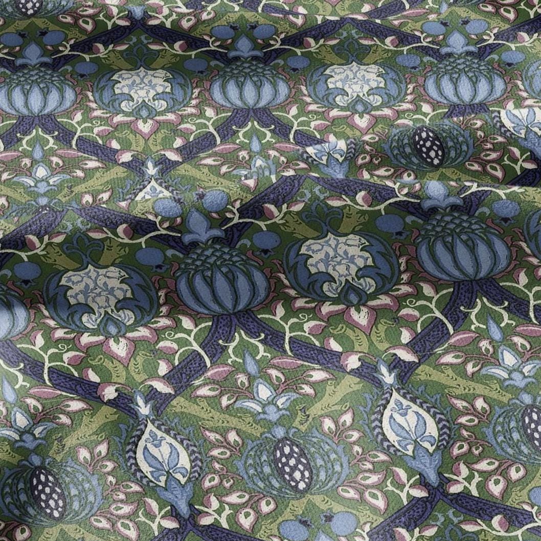 100% LINEN Fabric William Morris Granada print - British Victorian floral green blue 3207