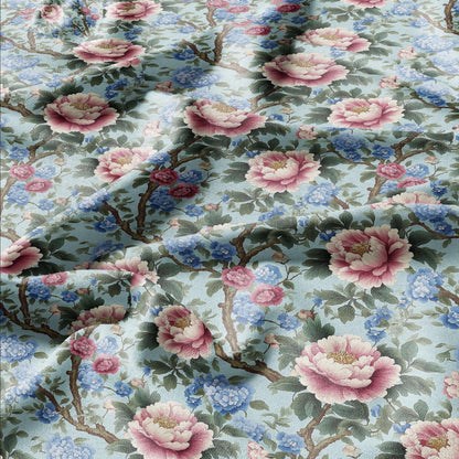 100% LINEN Fabric Chinoiserie Peony print - modern contemporary print on linen fabric upholstery dress making curtains