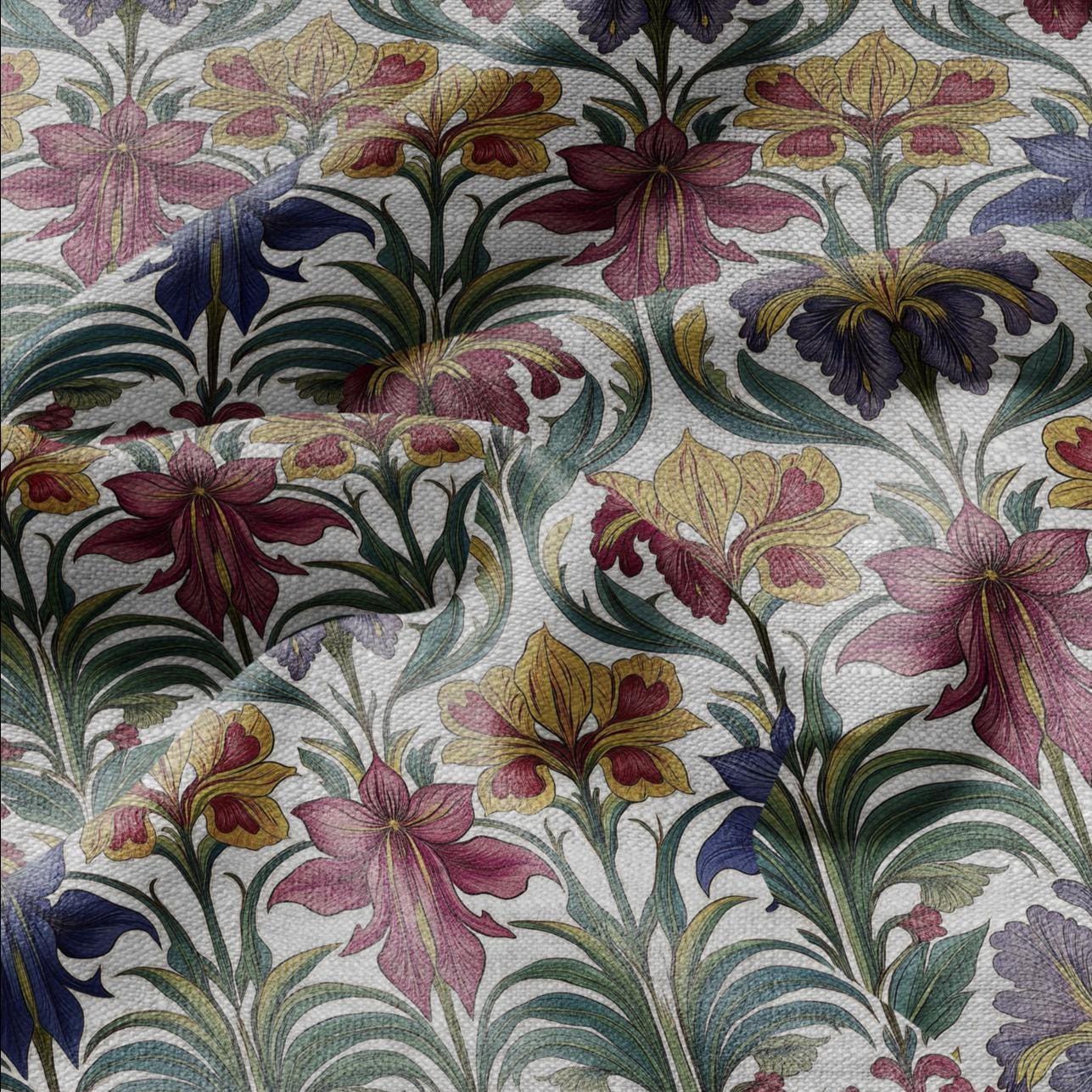 100% LINEN Fabric print Art Nouveau floral - oatmeal linen fabric with floral print - heavy for home decor clothing 3035