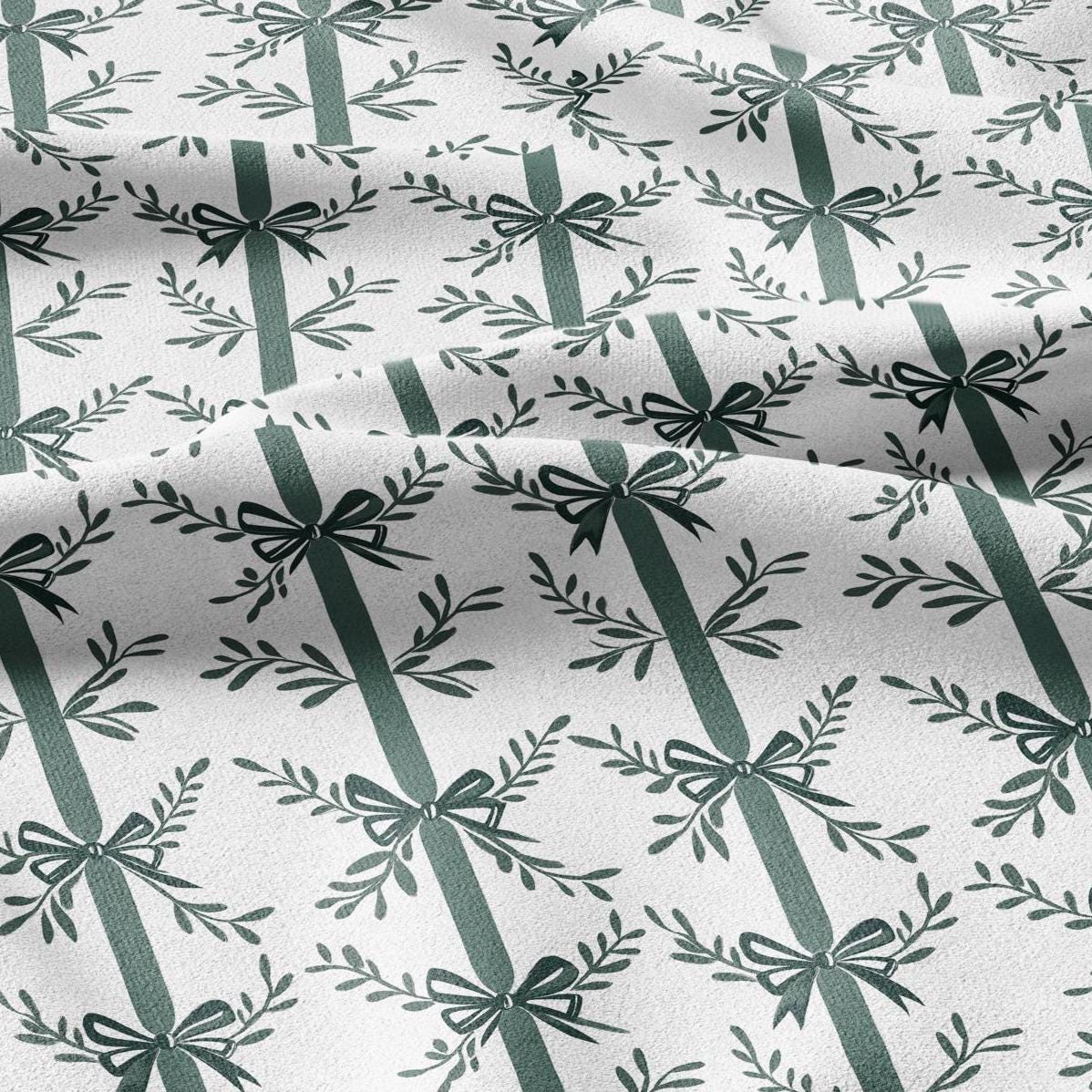 100% LINEN Fabric Green bow block print on white -  heavy linen fabric for upholstery home decor or medium for dress making 2129