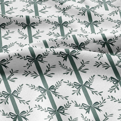 100% LINEN Fabric Green bow block print on white -  heavy linen fabric for upholstery home decor or medium for dress making 2129