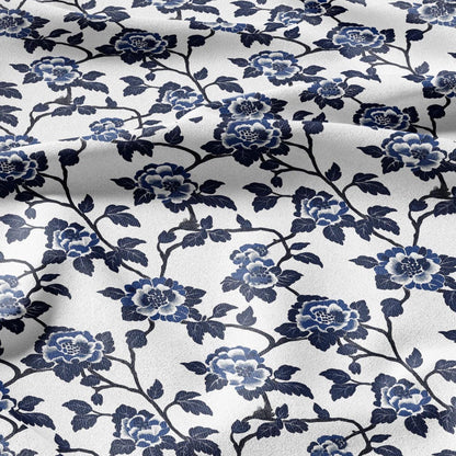 100% LINEN Fabric Blue flower print linen - indigo floral for upholstery home decor dress making 2364