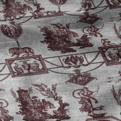 100% LINEN Fabric french red print oatmeal - Goddess Diana with Lion - toile de jouy - Diane chasseresse by Jean-Baptiste Huet 3419