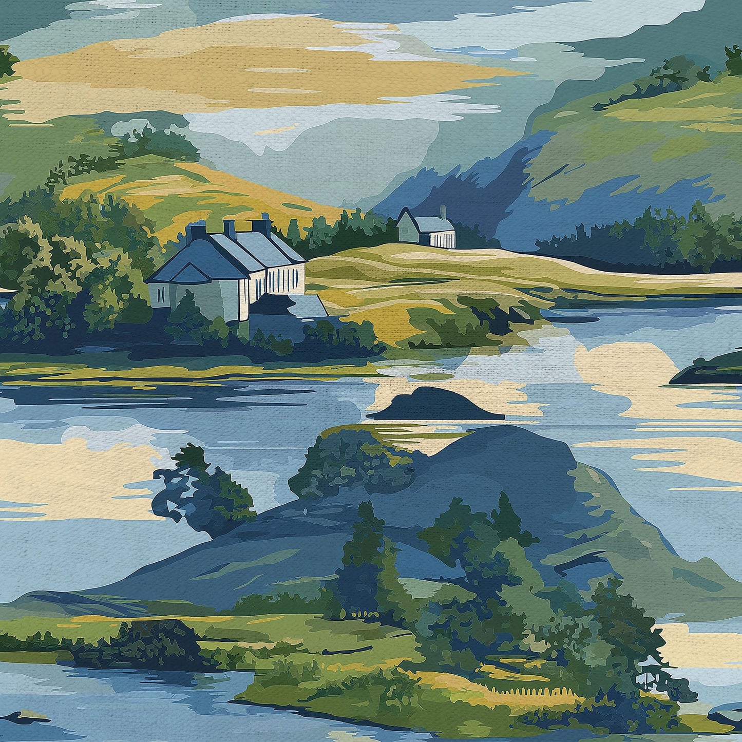 100% LINEN Fabric Countryside scenery -landscape linen fabric with green print - heavy linen fabric for upholstery home decor 2907