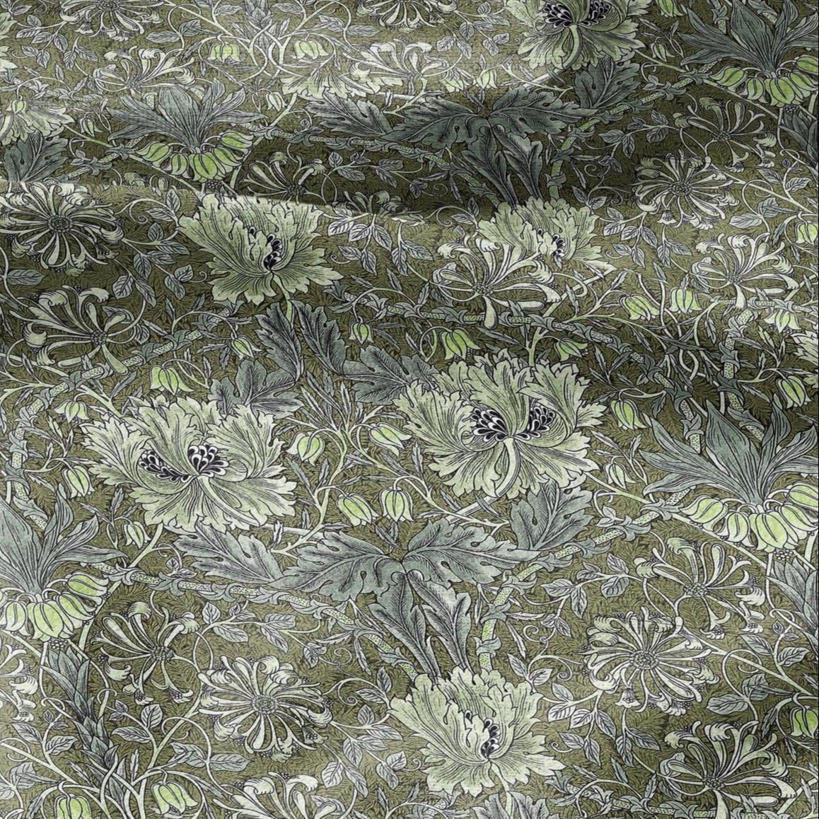 100% linen fabric William Morris Honeysuckle green print - Victorian Art crafts Historical pattern fabric upholstery dress making 3286