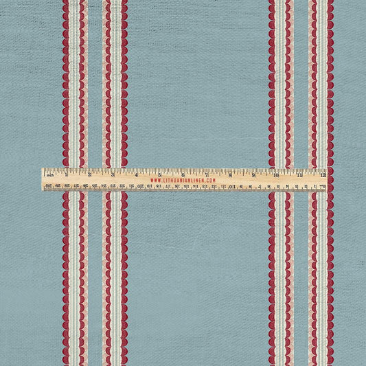 100% LINEN Fabric UPHOLSTERY 12oz - Retro scalloped stripe print on linen  2837